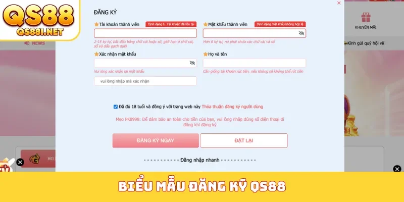 Biểu mẫu đăng ký QS88